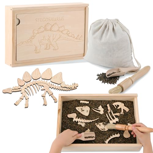 Dino Excavation Archaeology Dig Kit, Fossil Digging Kit for Kids, Dinosaur Skeletons Bones Puzzle Game with Wooden Storage Box, STEM Toys for Boys and Girls (Stegosaurus)