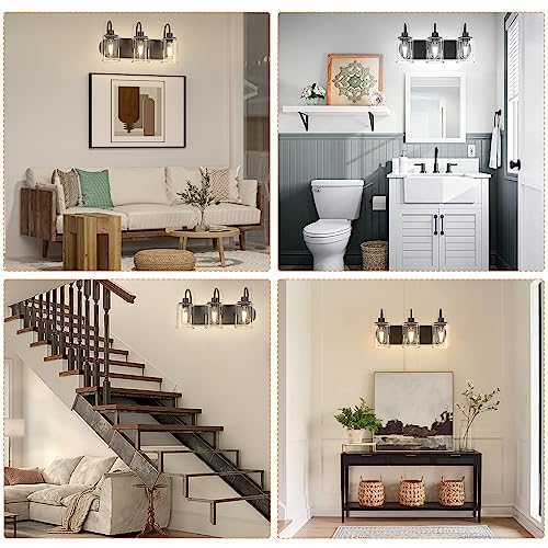 Baocuz 3-Light Bathroom Light Fixtures, Black Vanity Light Farmhouse Wall Sconces with Clear Glass Shade, Modern Bathroom Wall Lamp for Mirror Bedroom Hallway Living Room Cabinet
