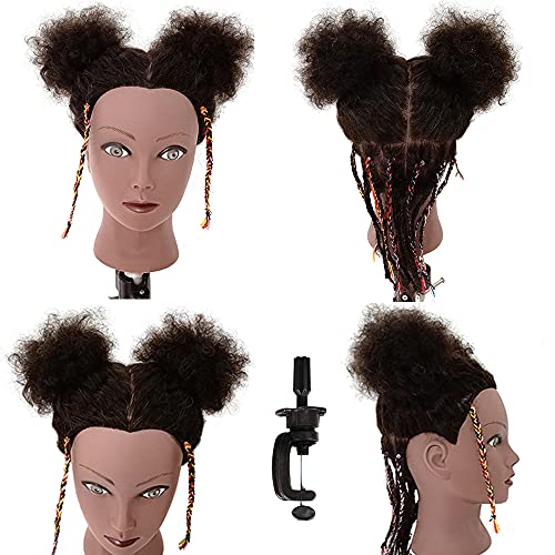 Mannequin Head with 100% Human Hair Afro Kinky Curly Training Manican Manikin Head for Hairdresser Practice Styling Training Head Practicing Cosmetology Doll Head Salon Braiding Coiling Hair with Stand for Practice Hairstyling