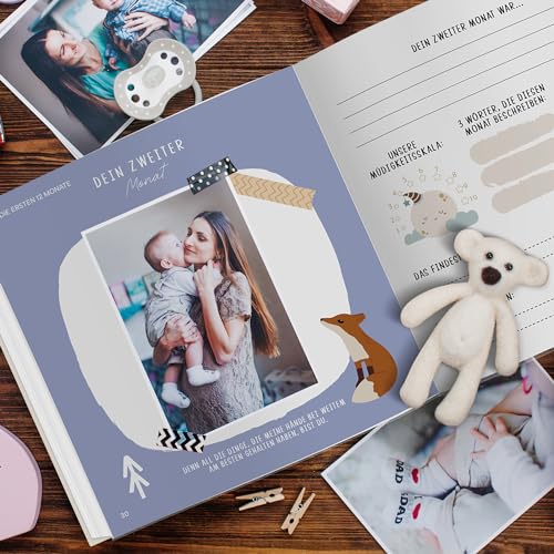 Mein erstes Jahr Babyalbum mit viel Platz für Fotos & stabilem Papier, Fotoalbum Baby Erinnerungsbuch, Babytagebuch zum Eintragen für das erste Lebensjahr 21x21cm, Baby Geschenk Geburt Junge & Mädchen