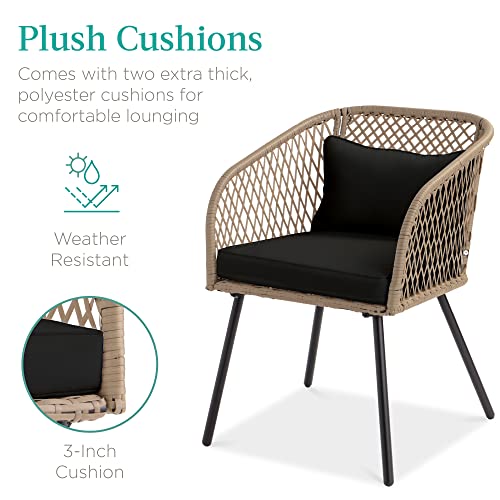 Best Choice Products 3-Piece Outdoor Wicker Bistro Set, Patio Dining Conversation Furniture For Backyard, Balcony, Porch W/Diamond Weave Design, Tempered Glass Side Table, 2 Chairs - Black #TOP2