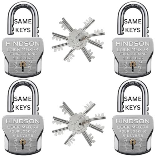 Image of HINDSON 16 Same Keys MAX 74mm 4 Locking System | 9 Lever Mechanism | Chrome Finish Heavy Duty Big Size 610g Approx | 4 Locks with 16 Same Keys for Gate, Shutter & Home Use