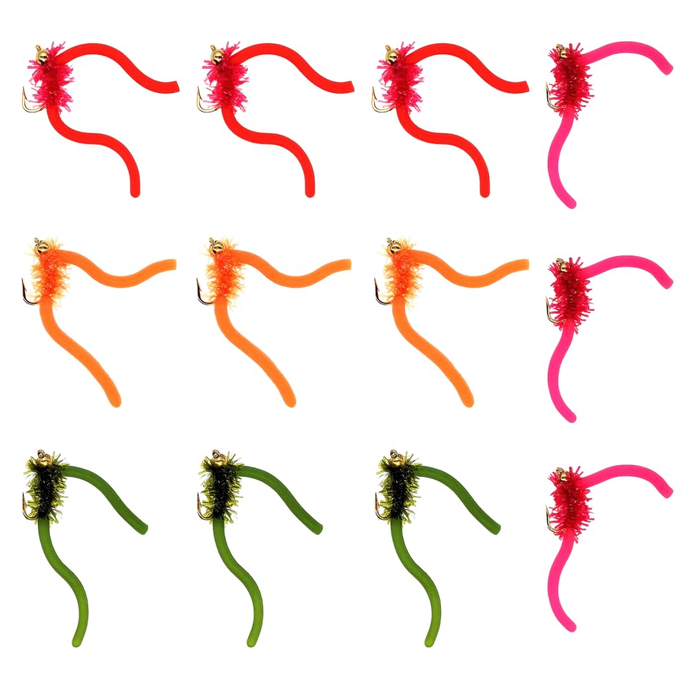 Fly Fishing Set, 12PCS Wet Worm Fly Fishing Flies, Squirmy Worm Trout Fly Assortment for Trout Panfish and Bass