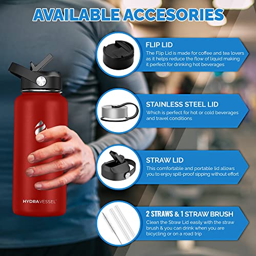 Hydravessel Sports Water Bottle - 32Oz, 3 Lids (Straw Lid), Leak Proof, Vacuum Insulated Stainless Steel, Hot Cold, Double Walled, Thermo Mug, Metal Canteen (Fire Red) #TOP3