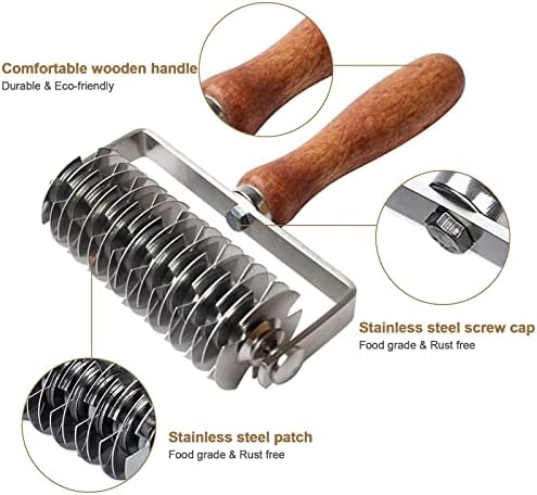 Lattice Roller Cutter with Wood Handle, Stainless Steel Dough Lattice Top Cookie Pie Dessert Pizza Bread Pastry Crust Roller Cutter, Household Time-Saver Baking Pastry Tools