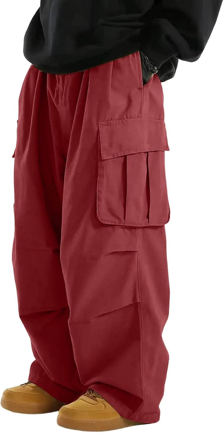 Men's Baggy Cargo Pants Elastic Drawstring Parachute Cargo Pants Casual Loose Joggers Hiking Bottoms with Pockets