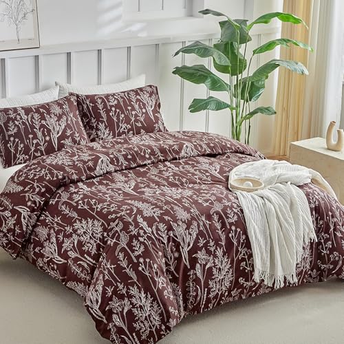 Image of Lekesky Floral Duvet Cover King Size, Burgundy Duvet Cover King Plant Flowers Pattern Bedding Set for All Season, Soft Breathable Duvet Cover with Zipper Closure & Corner Ties
