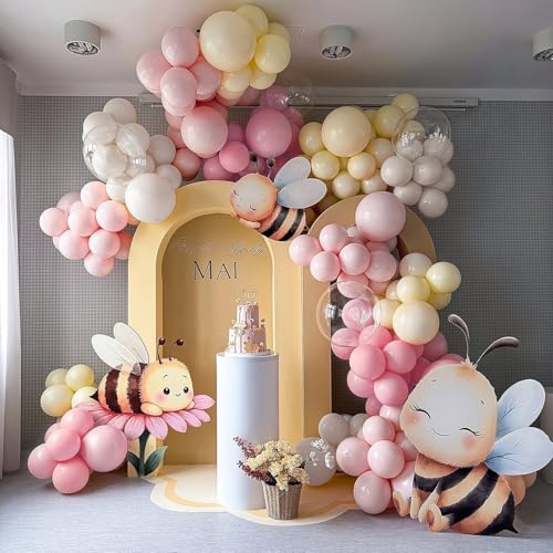 Image of Pink and Yellow Balloon Arch Kit with 3 Bobo Balloons 139 Pcs Pastel Pink Light Yellow Sand White Latex Balloons for Birthday Baby Shower Bridal Shower Wedding Bear Theme Party Decorations for Girl