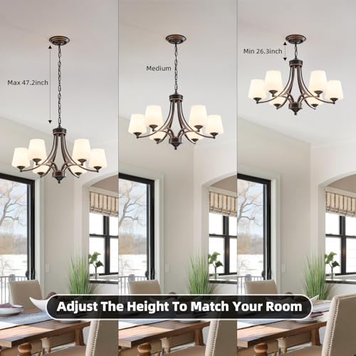 Image of 6-Light Farmhouse Chandeliers Black and Gold Dinner Room Light with Frosted Glass 47.2 inch Adjustable Pendant Ceilling Lighting Rustic Vintage Hanging Lamp for Kitchen Island Dining Table Living Room