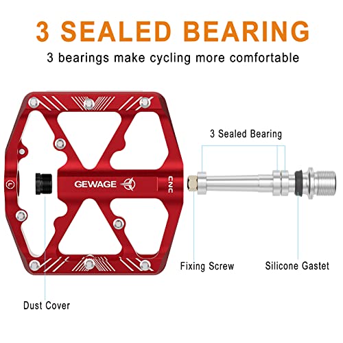 Bike Pedals 9/16 Inch - Bicycle Pedals With Reflectors - 3 Sealed Bearings Mtb Pedals Wide Platform Pedals For Mountain Bike, Bmx, Road Bike Pedals (Red) #TOP2
