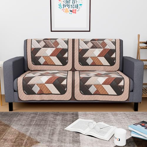 Image of Kuber Industries Set of 4 Velvet 2 Seater Sofa Covers for Living Room | Easy Machine Washable Sofe ke cover for Home Comfort | Triangular-Cream & Brown