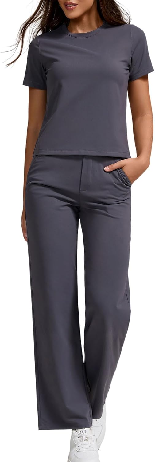 Women’s 2 Piece Activewear Set with Slim O Neck Short Sleeve Tops & Elastic Waist Pocket Straight Leg Pants