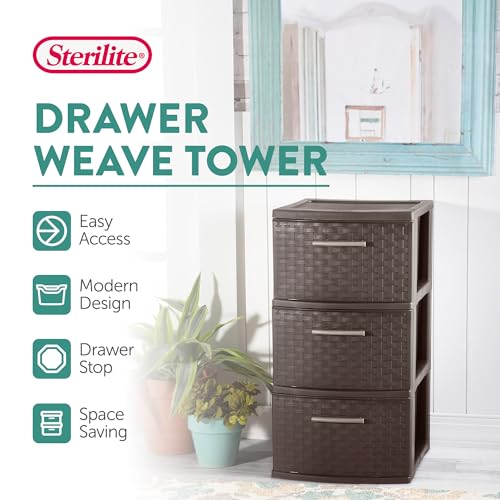 Image of Sterilite 3 Drawer Storage Tower, Plastic Decorative Weave Organizer Drawers for Dorm, Closet, Bedroom, or Craft Room Organization, 4 Pack, Espresso
