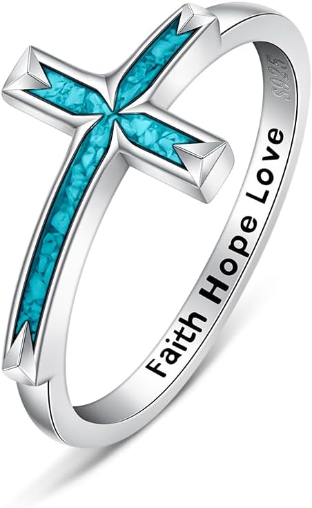 Turquoise Rings for Women Cross Ring Sterling Silver Turquoise Cross Jewelry Faith Hope Love Christmas Gifts