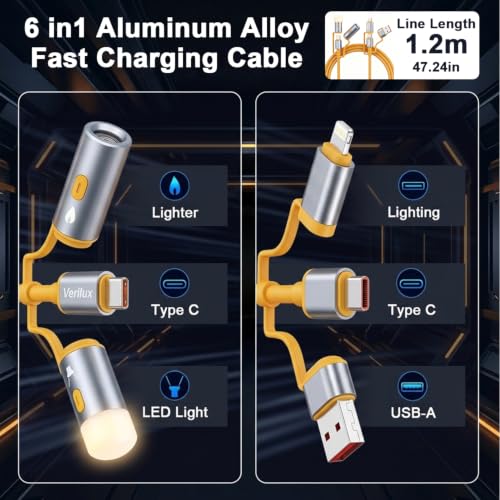 Image of Verilux 6 in 1 PD 60W Type C Cable Fast Charging with 480Mbps Data Synch | 1.2M C Type Charger Cable with USB A /Lighting /USB C to C /Lighter /Lamp for iPhone 17 /16 /15 Series, Galaxy S26 /S25 /S24