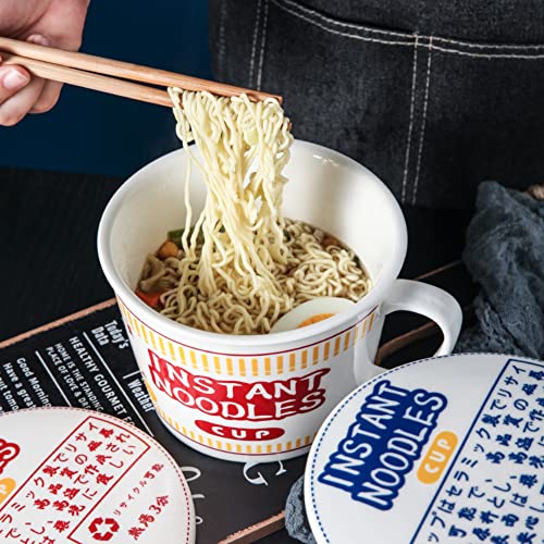 Ynsfree Ceramic Ramen Japanese Creative Bowl With Lid Instant Large Noodle Soup Bowl With Handle,Single Student Dormitory With Lid Deep Soup Bowl,Household Cereal Bowl(Red) #TOP1