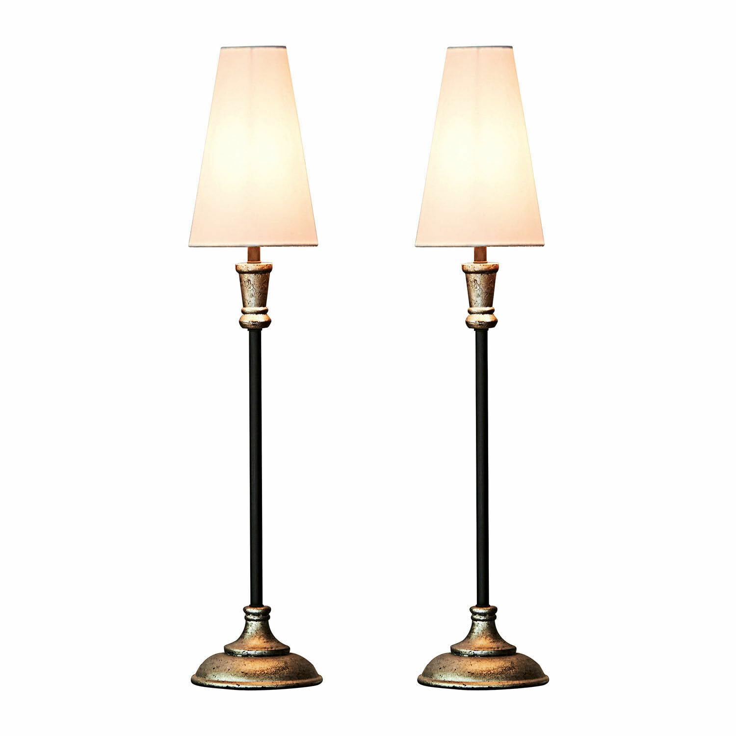 LOBERON Tischlampe 2er Set Obsonville, schlanke, hohe Form, klassischer Tütenschirm, Tischleuchte, Wohn-Accessoire, Mangoholz, Eisen, Baumwolle, silber/schwarz/creme | schlanke, hohe Form, klassischer Tütenschirm, Tischleuchte, Wohn-Accessoire, Mangoholz,