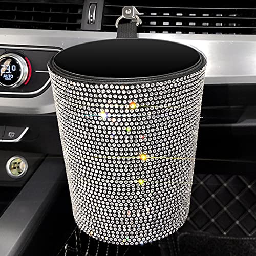 Image of Bling Car Garbage Trash Can,Glitter Diamond Trash Container Hanging Garbage Bin Multifuntional Organizer Storage Box Universal Dustbin Garbage Container,Blue