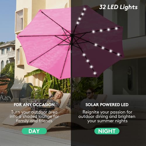 Image of JEAREY 9FT Outdoor Patio Umbrella with Solar Lights, LED Lighted Pool Umbrella with Tilt and Crank, Outdoor Table Umbrellas for Deck, Yard & Market (Rose Pink)