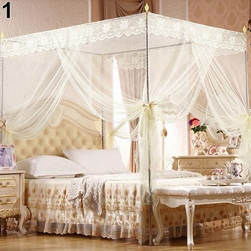 Remorui Romantic Princess Lace Canopy Mosquito Net No Frame 4-Corners Post Bed Canopy for Twin Full Queen King Bed Beige Queen