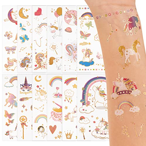 12 Blätter Tattoos zum aufkleben Einhorn 12*7,5 cm als Mitgebsel Sticker mit Hautfreundliche Temporäre Tattoo in Gold Geburtstag für Jungen Mädchen Frauen Männer Cover
