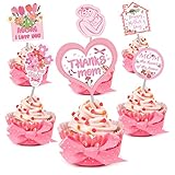 24 pcs mothers birthdaycupcake toppers moms party Decorations mothers day gift cake toppers Pink