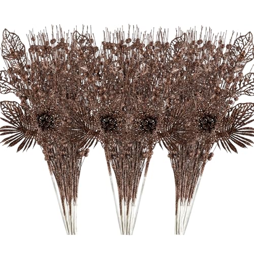 CristBest 24 Pack Christmas Tree Ornaments - Artificial Flowers Glitter Berry Stems Christmas Floral Picks Branches for Xmas Tree Decorations Vase Filler Holiday Wedding Party Home Decor (Brown) - image 1