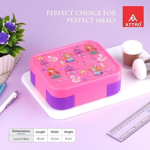 Image of ATTRO Admire Deluxe 3 Compartment Stainless Steel Lunch Box, BPA-Free Inner Steel, Lightweight & Durable, Easy Carry Tiffin for Kids,School & Travel-Princess Print Pink-800ml
