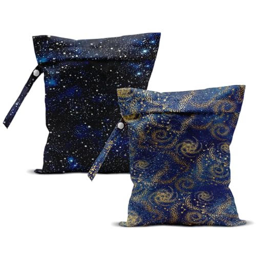 ZHAMEN 2Pcs Wet Bag, Wet Dry Bag Reusable with Zipper, Travel, Beach, Pool, Diapers, Dirty Yoga Gym Clothes, Makeup Bag, Waterproof Wetdry Packing, Blue Night Sky Decore (12x10 Inch)