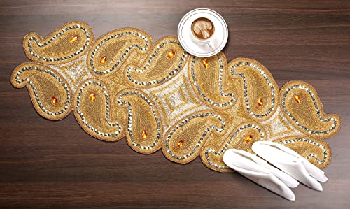 Beaded Embroidery Table Runner Scrolled Decorative Table Mat - Home Decor Mat For Wedding Christmas Decoration Family Gathering Party Table Runner Size-13" X 36" In Beige Gold #TOP1