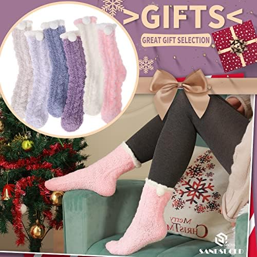 Sandsuced Fluffy Slipper Socks for Womens Ladies Cosy Thick Winter Cabin Warm Soft Fleece Comfy Fuzzy Plush Gift Chiristmas Stocking Stuffer