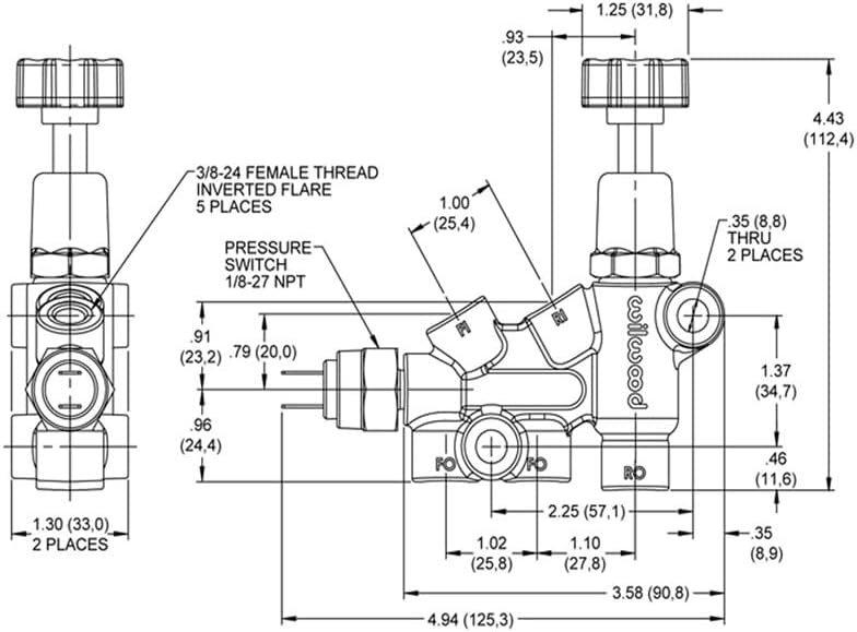 Wilwood 260-11179 Proportioning Valve, Knob Adjust, 3/8-24 IF Combo with switch