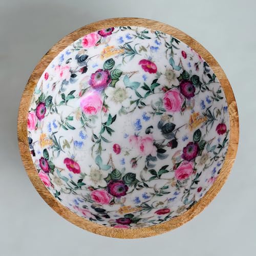 Image of SAAGA Handcrafted Mango Wood Serving Bowl - 10x4 Inch Printed Round Bowl | Food-Grade Finish for Noodles, Soups, Curries & Snacks - Red Violet