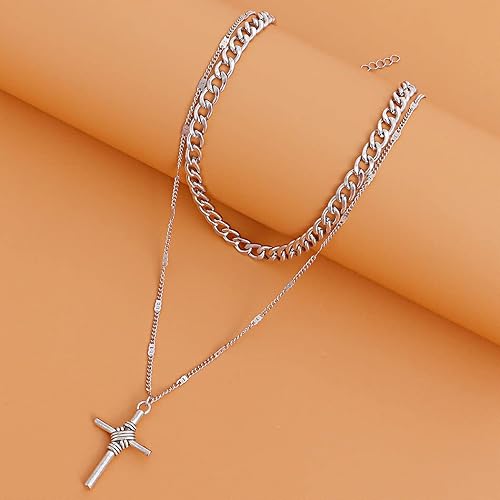 Miniatura 8 de Collar de cruz en capas de plata, gargantilla gruesa, collar con colgante de cruz para mujer