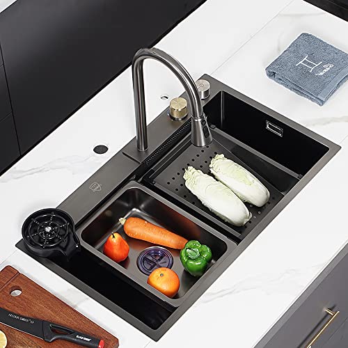 GLETSF Fregadero De Cocina En Cascada, Fregadero De Estación De Trabajo con Grifo Extraíble, Fregadero De Cocina Moderno, Fregadero De Cocina De Empotrar De Estilo Rústico con L