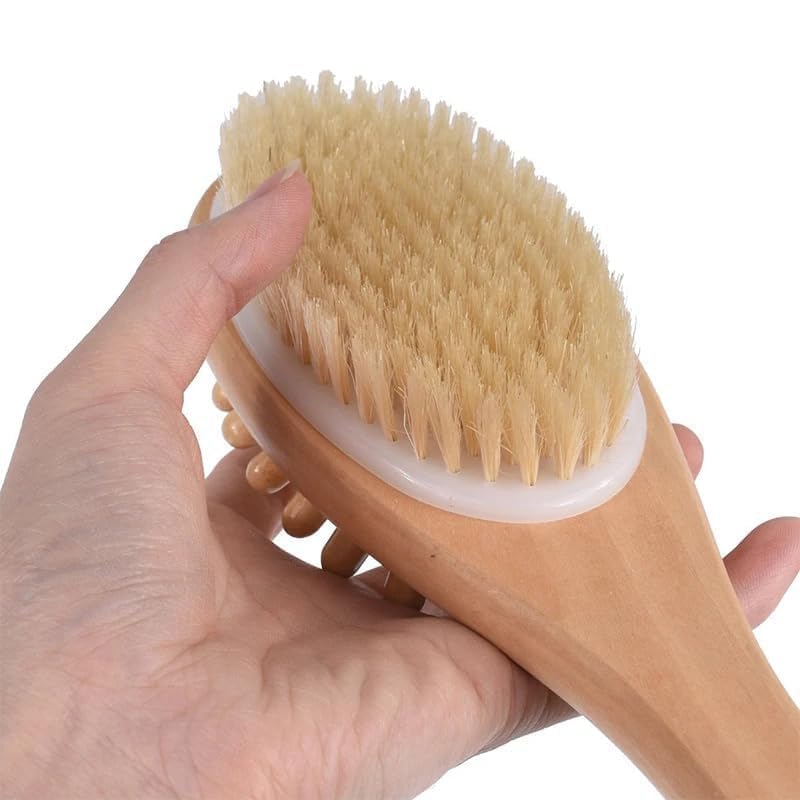Image of (1Pcs) Premium Soft Silicone Back Scrubber Shower Bath Body Brush with Long Handle, Body Exfoliator for Bath or Dry Brushing, for Men Women Elderly. (Wooden Brush)