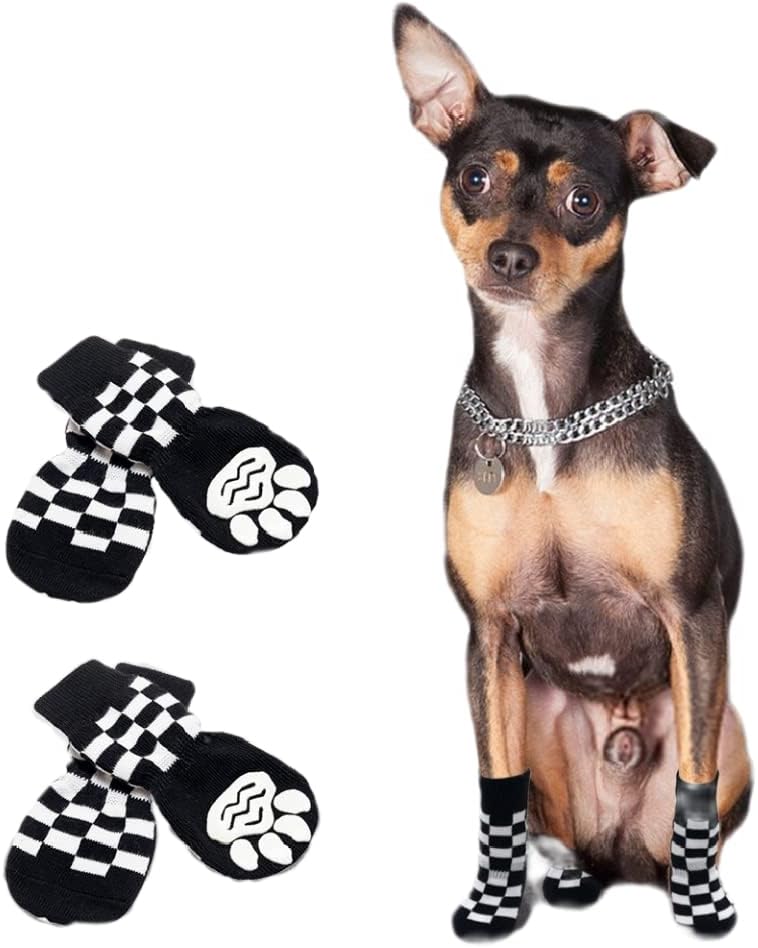 KUTKUT Anti-Slip Checkered Pattern Knit Socks for Medium, Large Dogs | Traction Control Non-Slip Pet Paw Protectors With Grips | Soft Comfortable Socks (Size# S, L*W: 6 * 2.3")