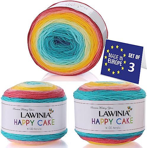 LAWINIA Happy Cake Premium Rainbow Yarn DK, Pack of 3 Each 150g, 530m Cake DK Knitting Yarn