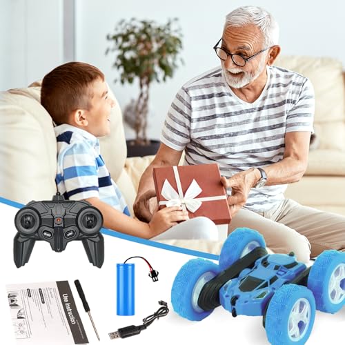 MidiVix Ferngesteuertes Auto, 90 Min Spielzeit, 2.4Ghz Doppelseitig 360° drehbarer RC Crawler mit Scheinwerfern Radlichtern, 4WD Off Road Drift RC Auto Spielzeug Geschenke für Jungen 6-12 Blau