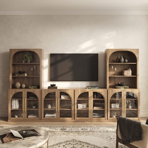 BELLEZE 6-Piece Modular TV Stand Set - 4 Arched Glass Door Entertainment Center & 2 Hutch Storage Units, Classic Modern Large Media Console with Adjus