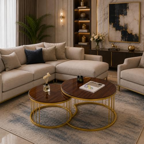Image of Coffee Table Round Sofa Small Side Table Nesting Table, Modern Negotiation Table Combination Table, Suitable for Living Room Bedroom Side Table (Golden Brown)