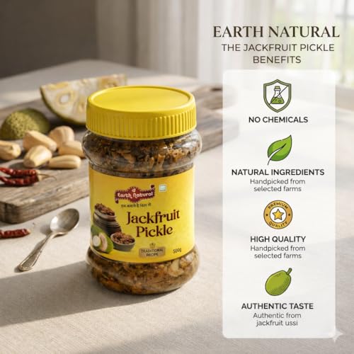 Image of Earth Natural Jackfruit Pickle 500g in Fresh | Handmade Kathal ka Achar in Mustard Oil | Spicy & Tangy Homemade Pickle | Traditional Jackfruit Achaar | No Chemical Preservatives