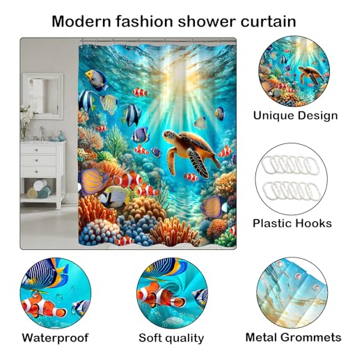 COSEVIER Sea Turtle Shower Curtain for Bathroom Ocean Beach Coastal Seaworld Marine Life Bath Set with Hooks Home Decoration 72x84 Inch Fabric Waterproof by COSEVIER - Used condition - Image 3