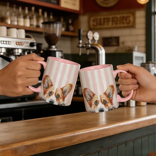 MKIJUHB Corgi Mug, Gifts for Corgi Lovers Ceramic Coffee Cup With Handle, Dog Mom Lovers Gifts, Pink and White Striped Corgy Dog Tea Mug, 11 Ounce by MKIJUHB - Used condition - Image 4