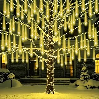 ZPQBEYE Outdoor Meteor Shower Christmas Lights 24-Tube 576LEDs Shooting Star Waterfall Meteor Shower Falling Rain Light for Christmas Tree Decorations Wedding Party Holiday Garden, UL Plug Warm White