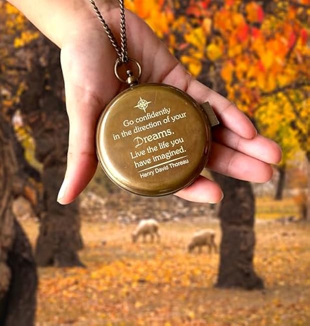 Thoreau's Go Confidently in The Direction of Dream Brass Working Sundial Compass, Engraved Compass, Compass, Compass for Husband, Valentines Day Gift, Couples Gift