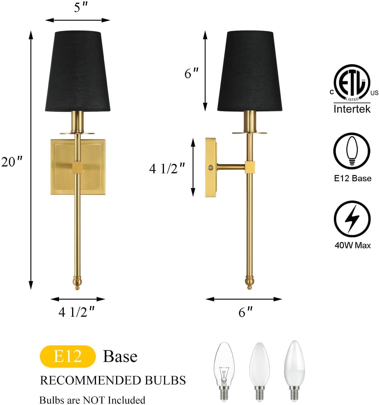 XiNBEi Lighting Wall Sconces Set of 2, Hardwired Brushed Brass Sconce Lighting with Black Fabric Shade Modern Wall Mount Light Fixture for Bathroom Bedroom Living Room Hallway XB-W1307-BS