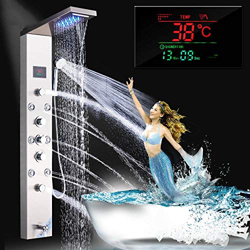 Panel de Ducha Digital con Pantalla LED, Torre de Ducha de Acero Inoxidable con Ducha de Lluvia, Duchador de Mano, Chorros de Hidromasaje y Salida para Bañera, Acabado Cepillado en Níquel miniatura 2