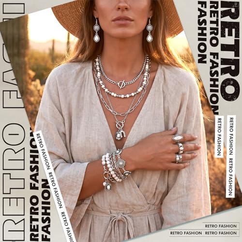 Image of Ecally Bohemian Western Jewelry Turquoise Set Women Country Pendant Long Choker Layered Bracelets Earrings Ring for Women