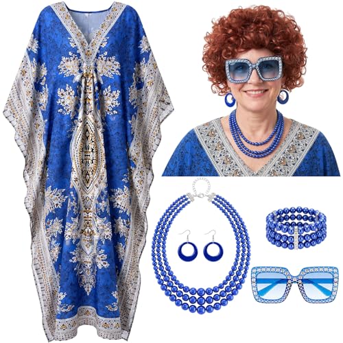 Maiteenly 6 Pcs Carnival Landlady Women Costume Curly Wig Print Caftan Dresses Jewelry Set and Sunglass for Cosplay Party(Blue1) Multicolors